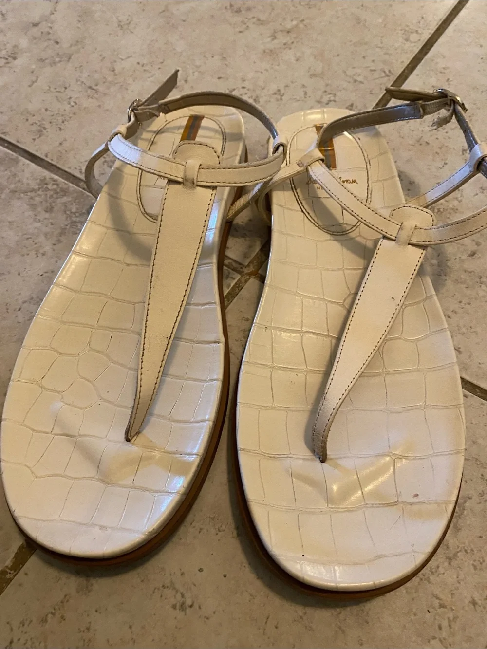 Sam Edelman Cream Croc-Embossed T-Strap Sandals - Women